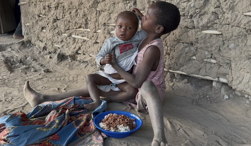 Menina sentada segurando um bebê ao lado de um prato de comida